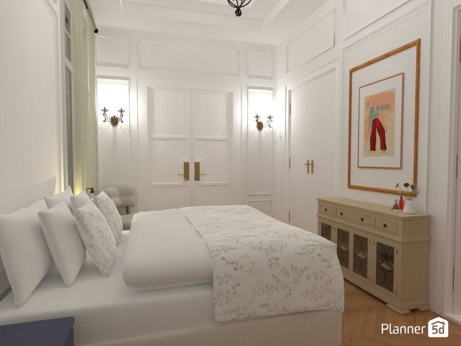 render 3d, dormitorio blanco clásico de estilo parisino, software de diseño de interiores