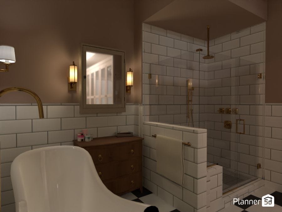 render 3d de baño clásico con azulejos blancos