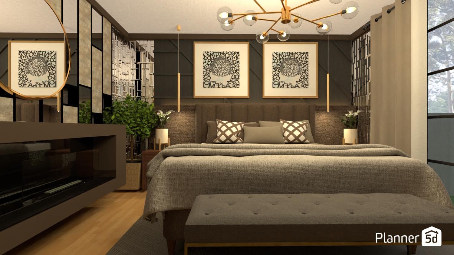 render 3d, dormitorio de diseño estilo hotel de lujo en casa, planner 5d