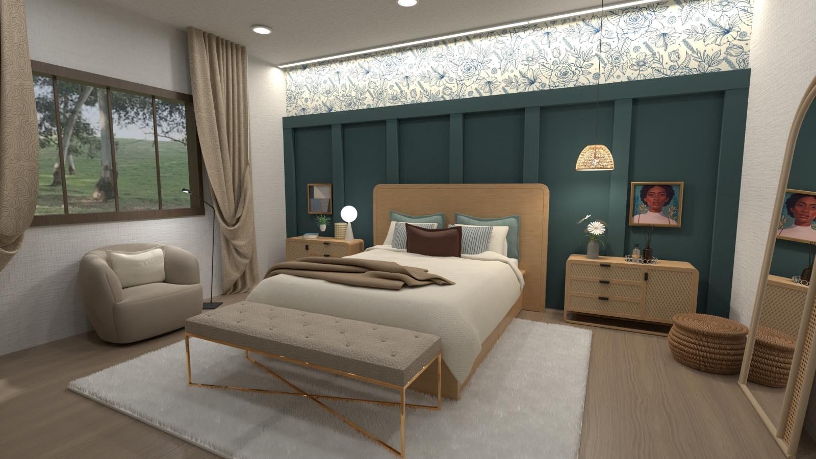 render 3d, dormitorio de diseño estilo hotel de lujo en casa, planner 5d