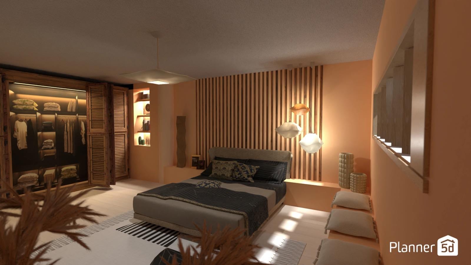 render 3d, dormitorio de diseño estilo hotel de lujo en casa, planner 5d