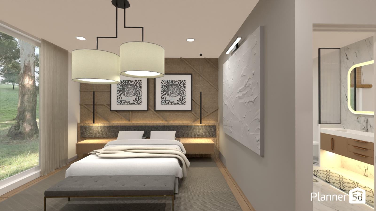 render 3d, dormitorio de diseño estilo hotel de lujo en casa, planner 5d