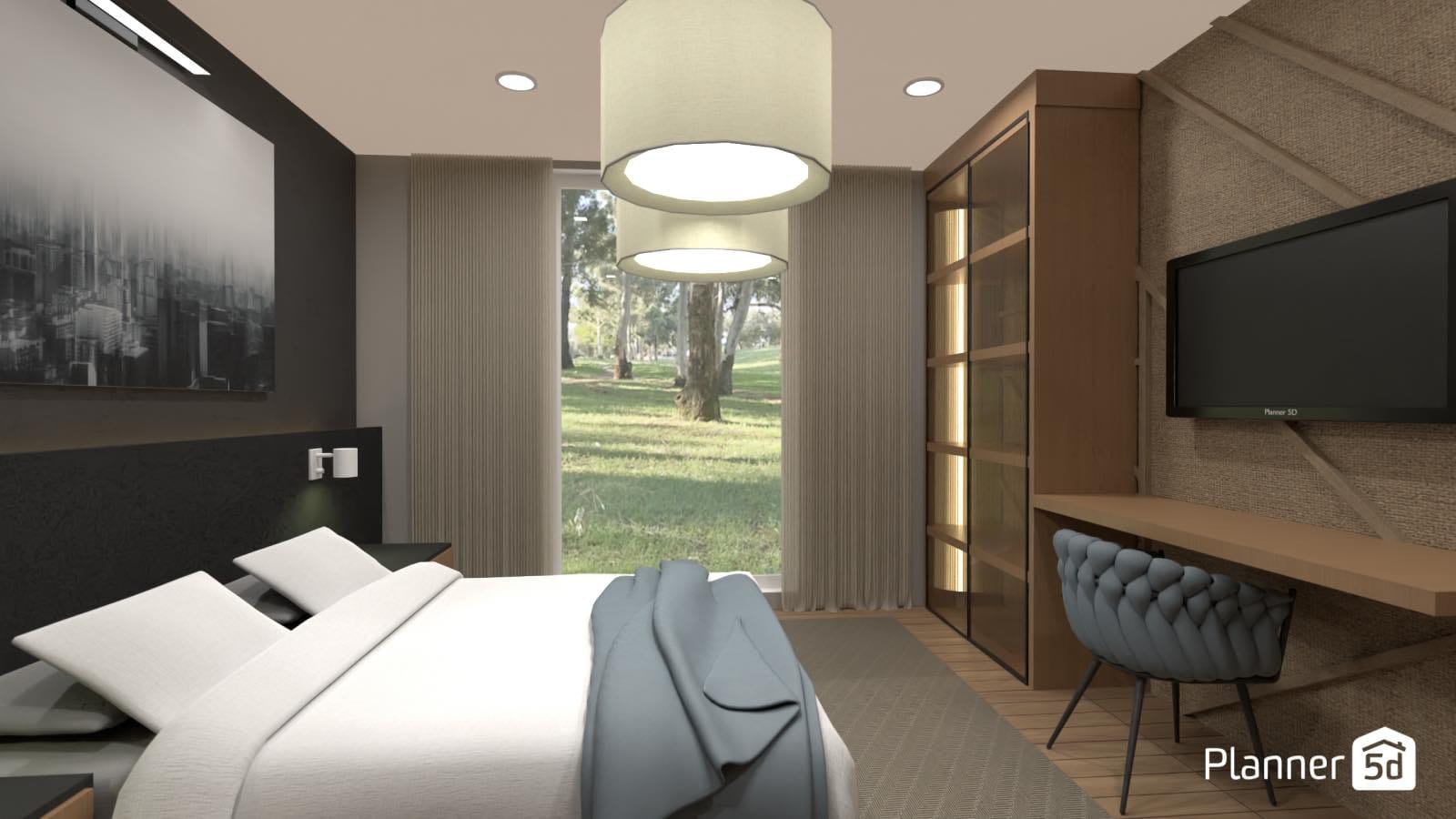 render 3d, dormitorio de diseño estilo hotel de lujo en casa, planner 5d