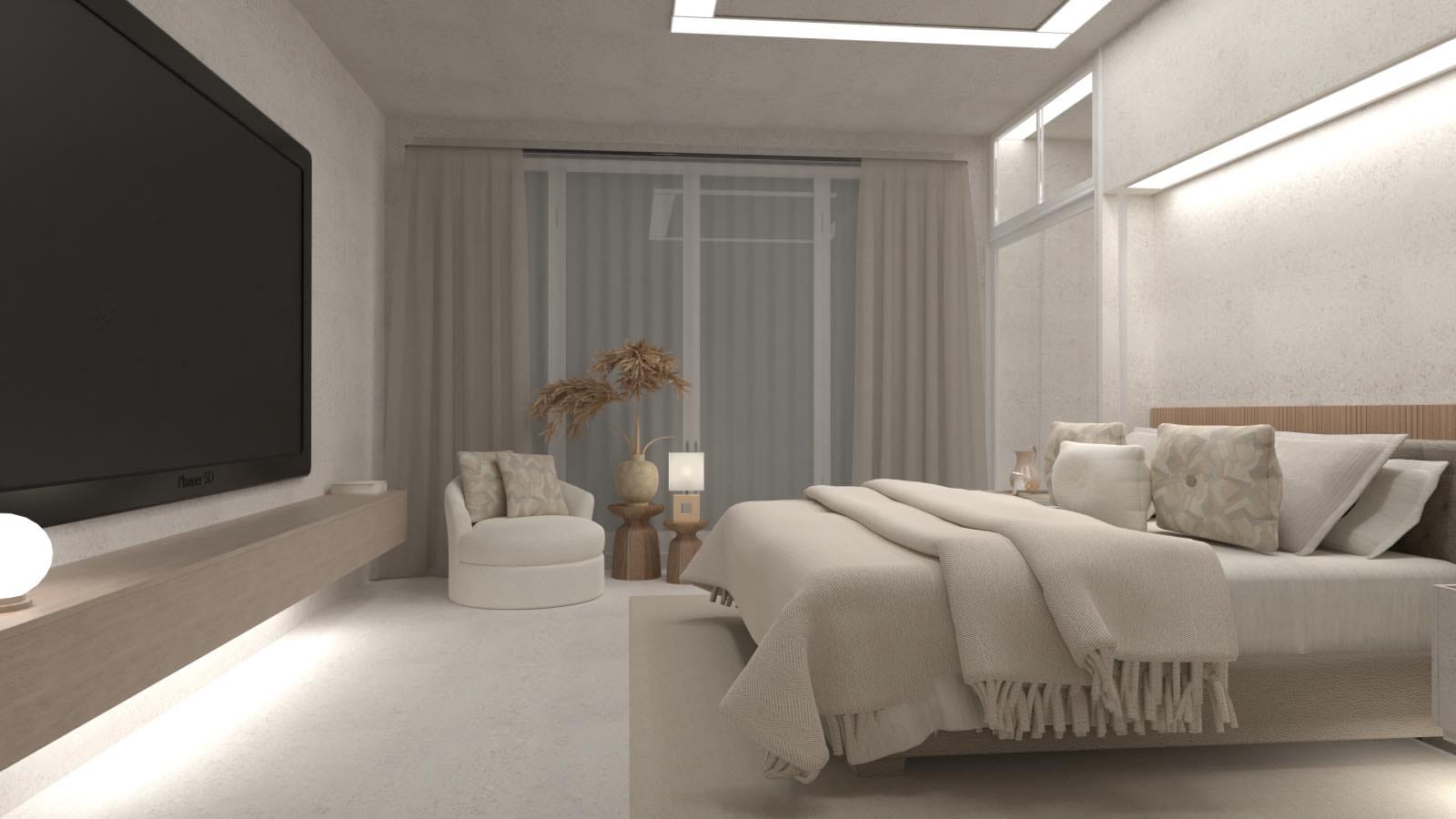 render 3d, dormitorio de diseño estilo hotel de lujo en casa, planner 5d