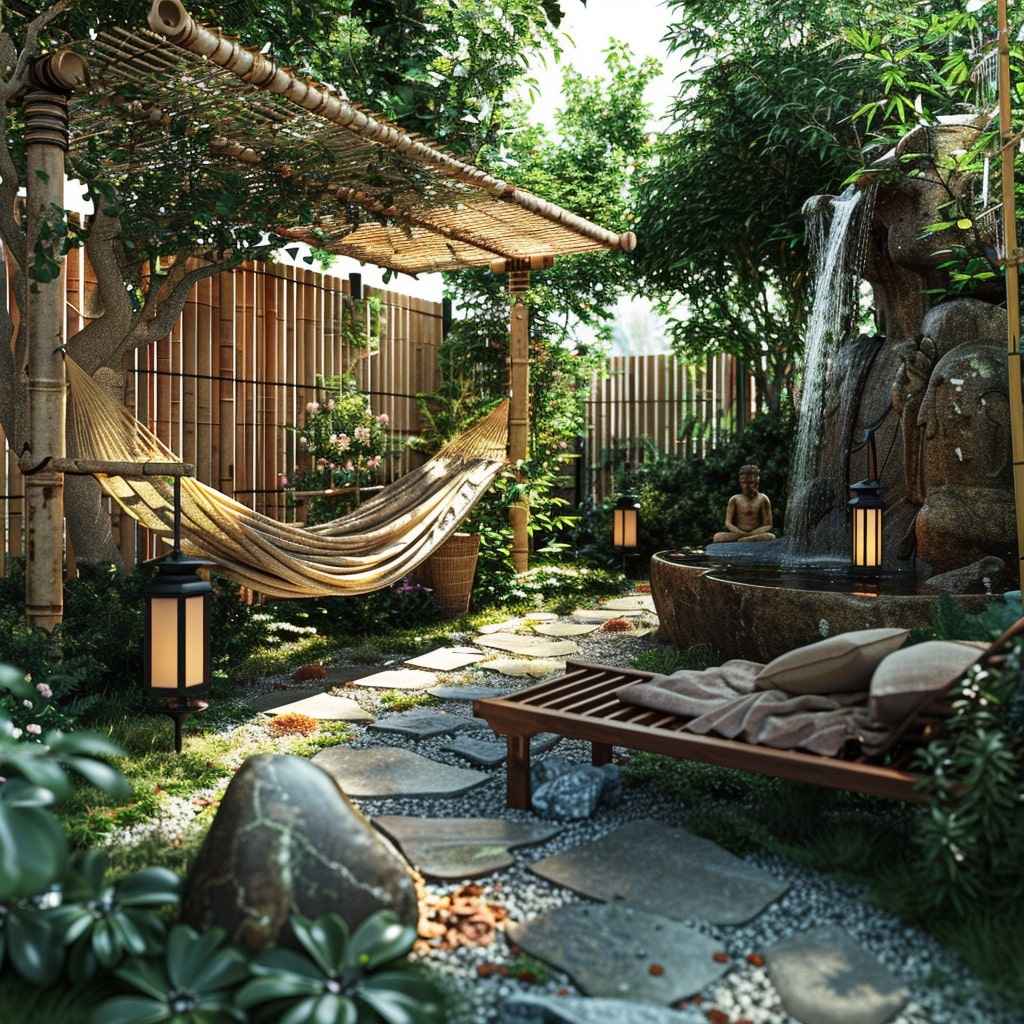 jardin zen avec un hamac, des plantes, une clôture de bambou et une statue de bouddha