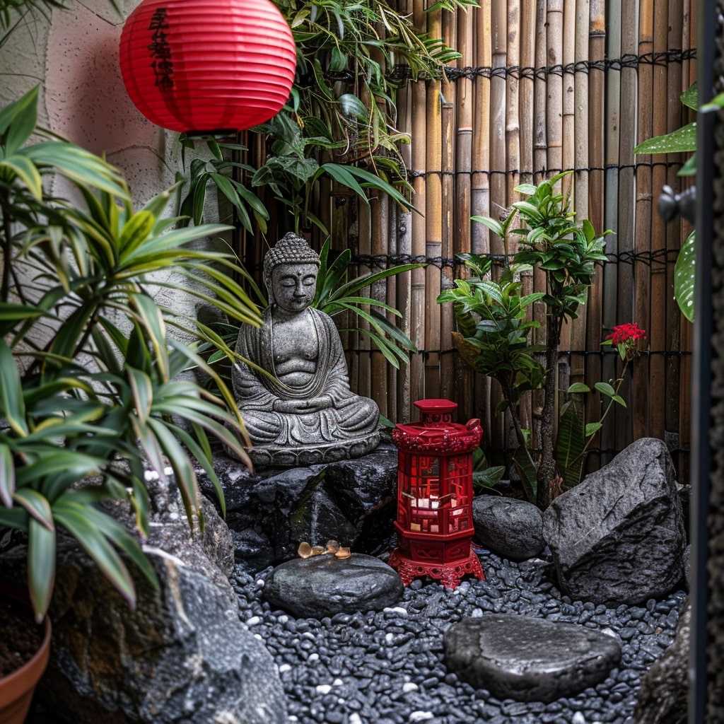 jardin japonais avec une lanterne, plantes et une statue de bouddha
