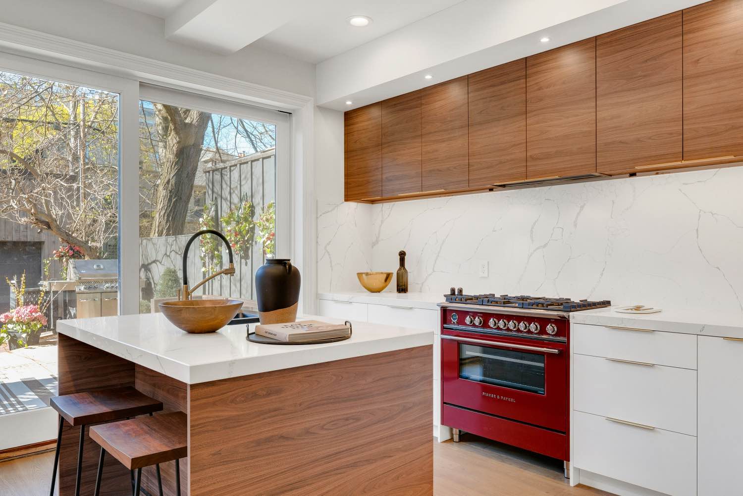 renovated modern kitchen, wood, white and quartz