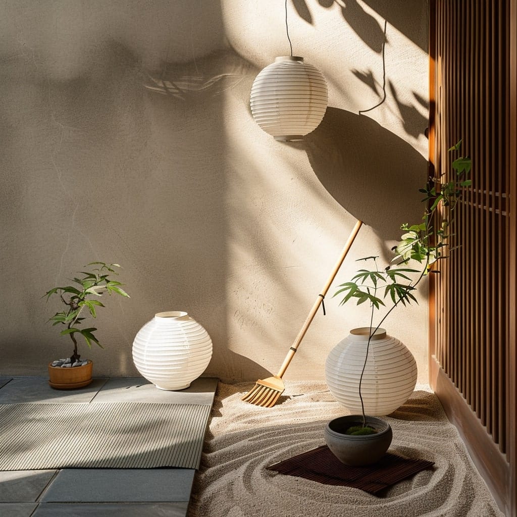Minimalistische Zen-Gartenecke mit Sandhaufen und Laternen