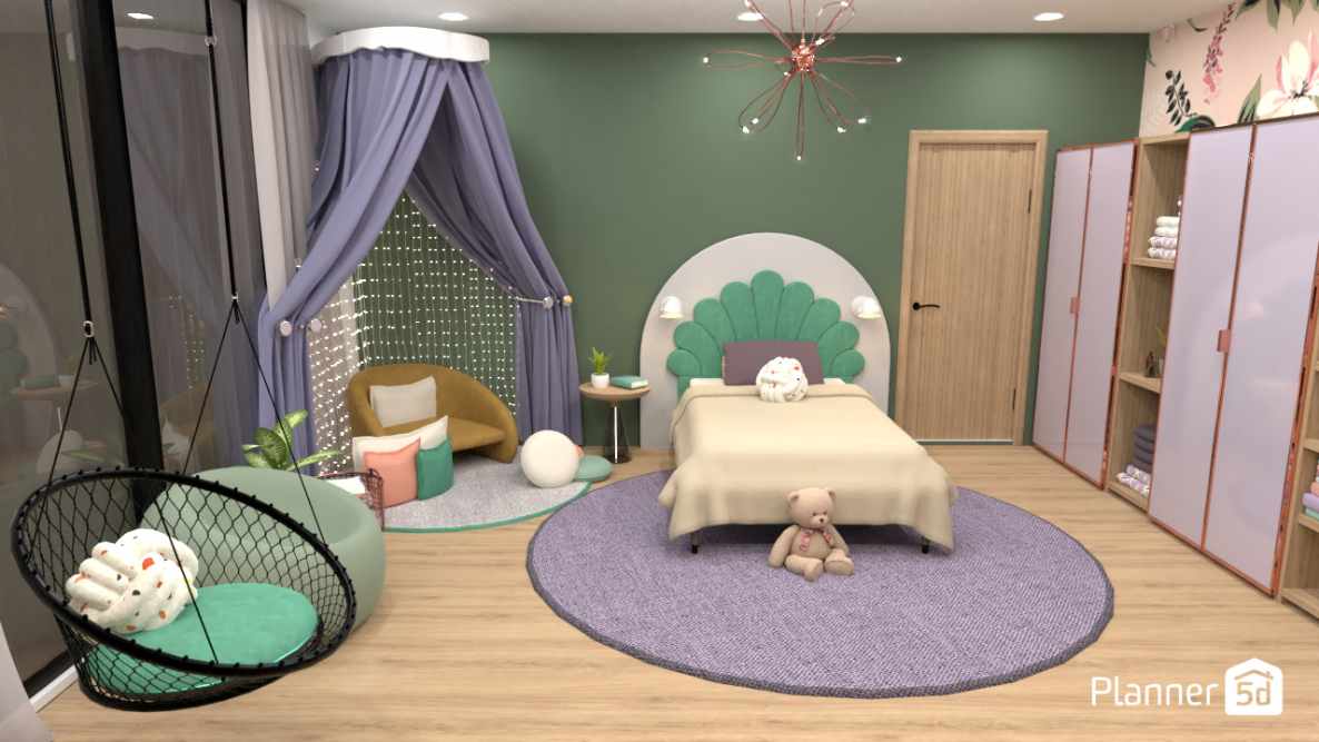quarto infantil feminino com paleta de cores verde, lilás e salmão