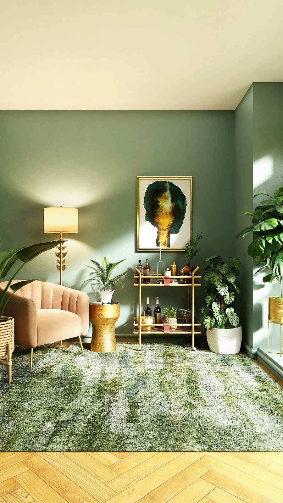 lebendige Sitzecke mit grünen Wänden und Teppich, Pflanzen und einem pastellfarbenen Sessel
