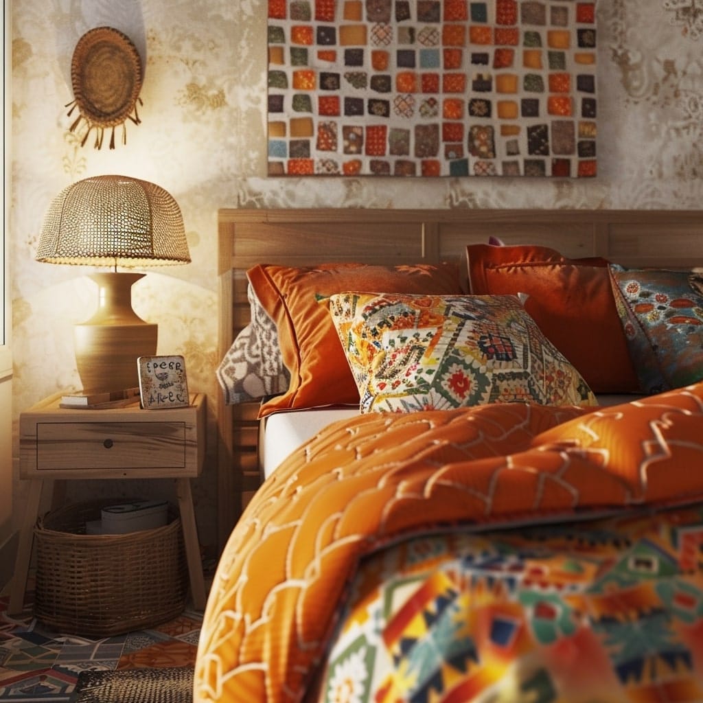 chambre à coucher de style oriental avec un décor de zelliges au mur, un lit et une lampe vintage sur une table de chevet