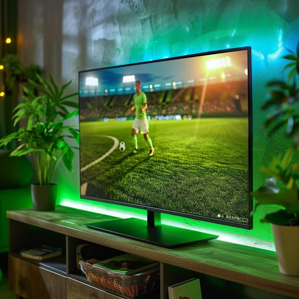 Fernseher mit laufendem Fußballspiel, mit grünem LED-Licht im Hintergrund