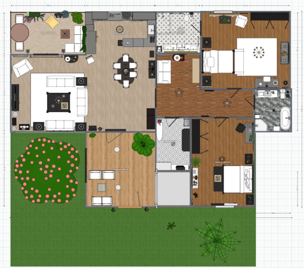 Render desenvolvido no Planner 5D com piso de madeira e área verde externa