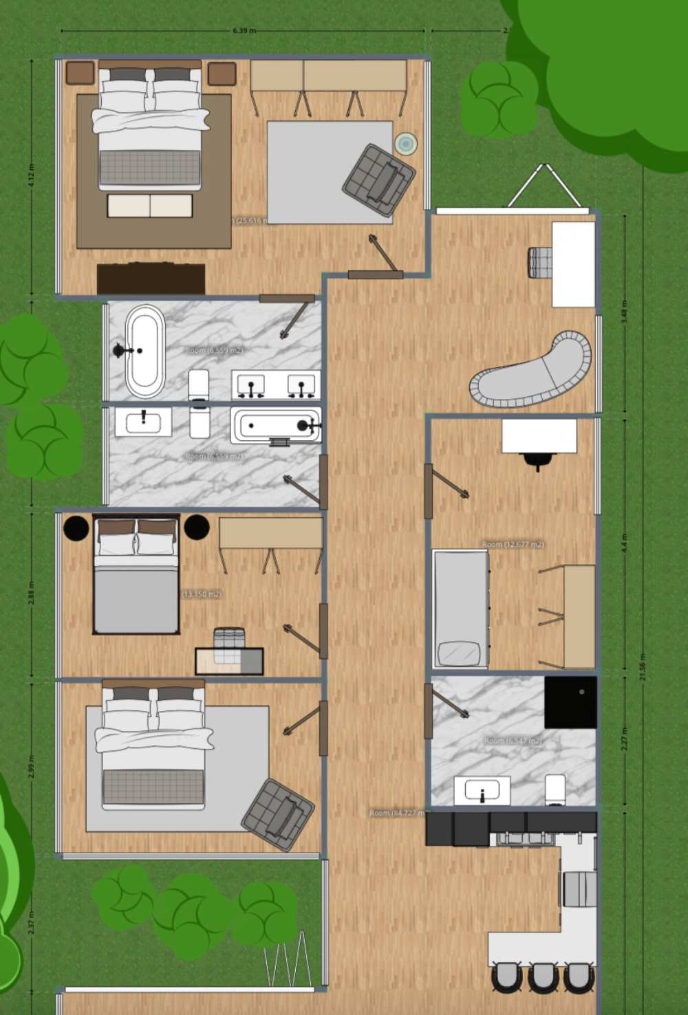 Render de apartamento com 3 quartos com cama de casal e cozinha de conceito aberto