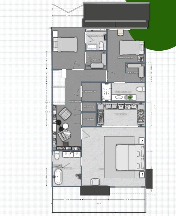 Planta baixa cinza de Apartamento moderno de 3 quartos com árvore na parte externa