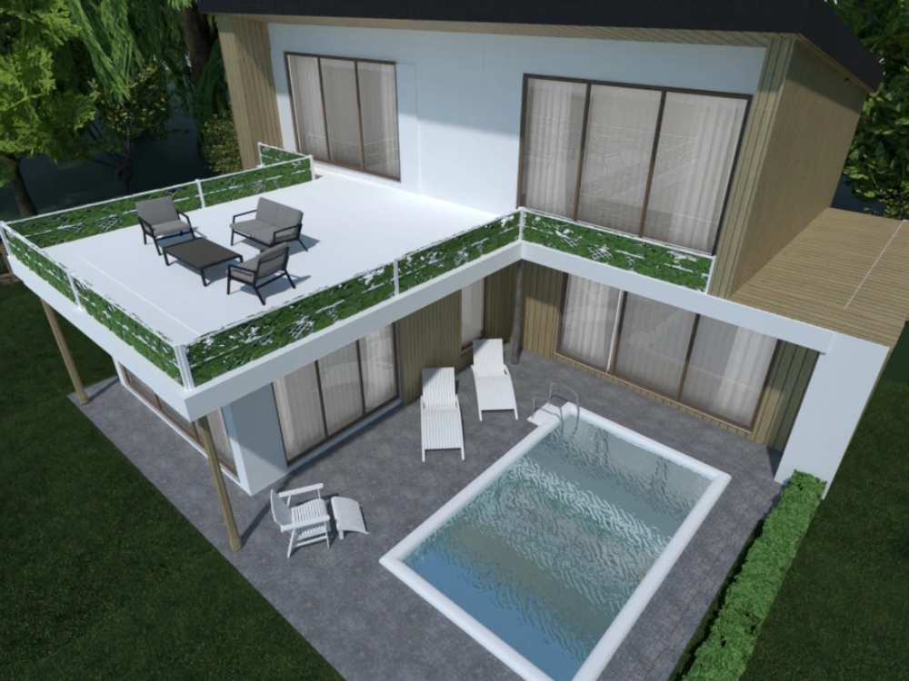 Render de casa com piscina projetada no Planner 5D