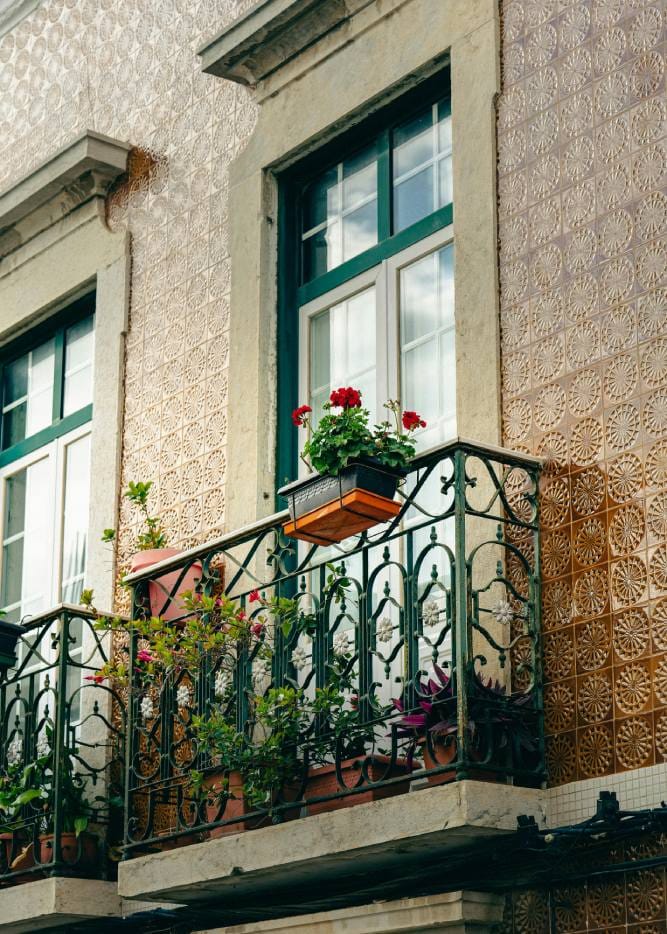 Modelo de casa pequena e bonita com pequena varanda e vasos de flores