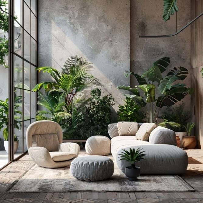 apartamento decorado com materiais naturais, plantas e repleto de luz natural