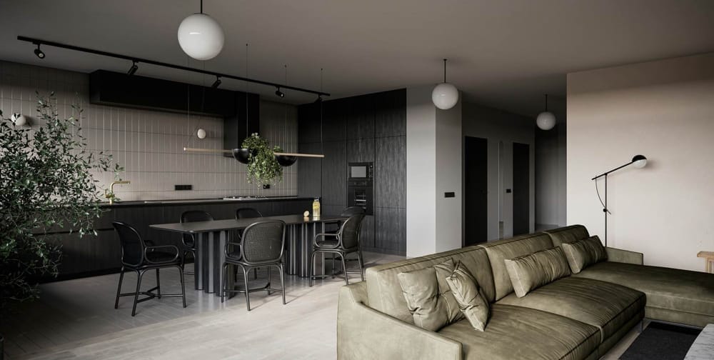 sala de estar de conceito aberto com sofá de couro e mesa de jantar preta
