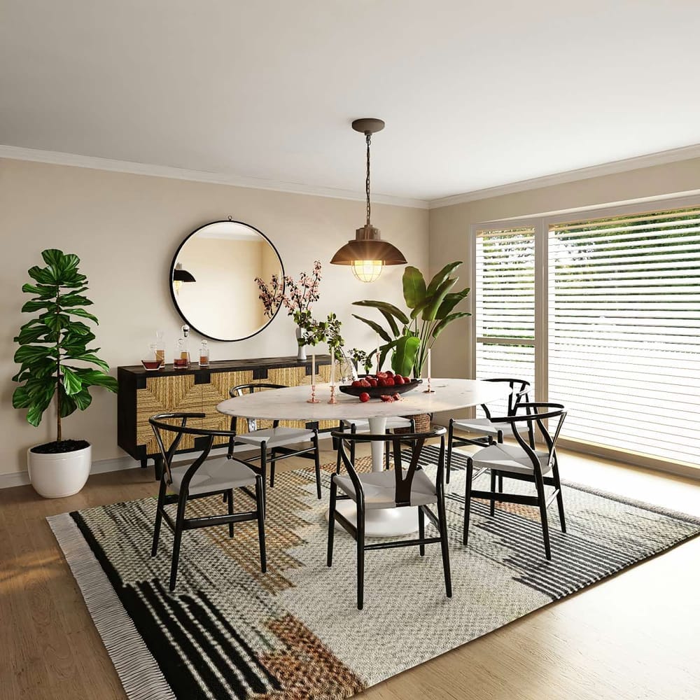 sala de estar com mesa oval, cadeiras de madeira, bar, plantas e espelho redondo