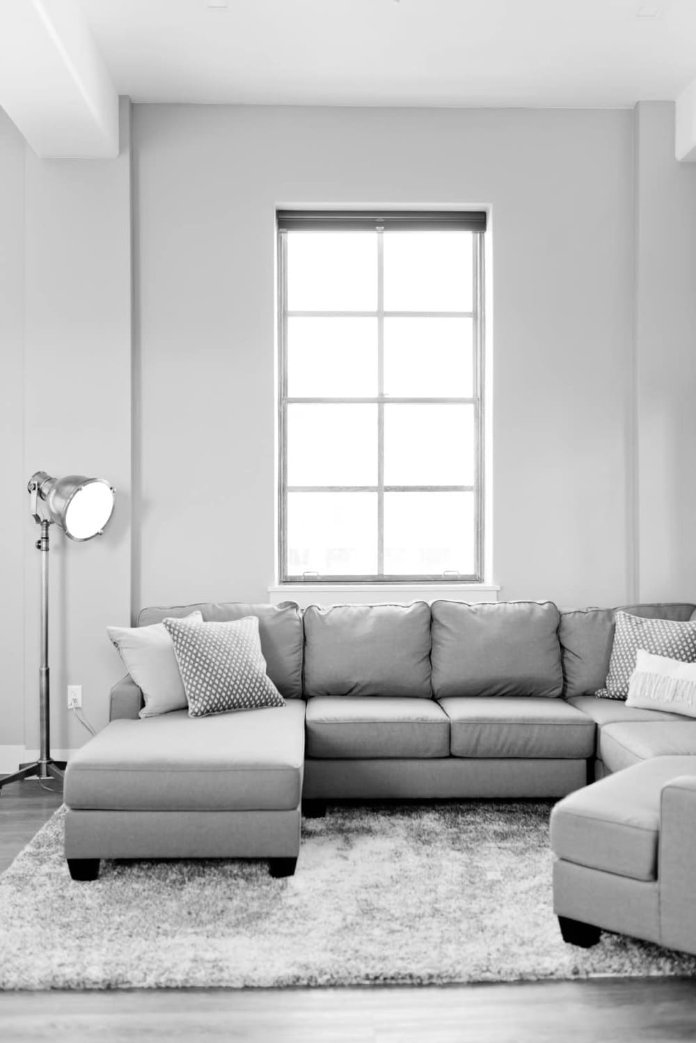 sala de estar com sofá, almofadas e tapete tons de cinza e branco