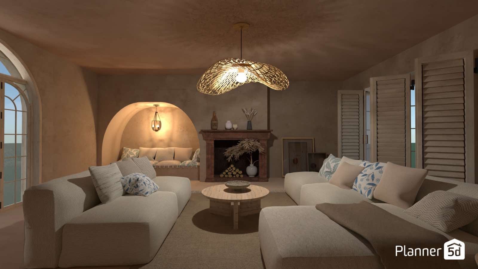 render 3d de sala de estar con sofás blancos, dibujos arquitectónicos, planner 5d