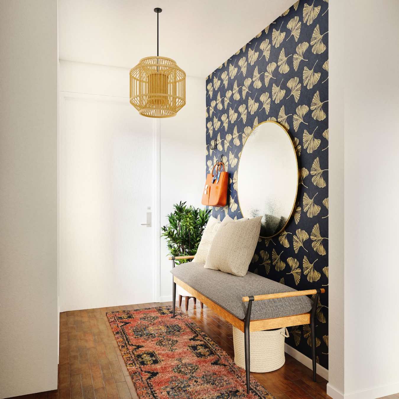 entrada de apartamento decorada con estampados, papel de pared, banco, alfombra
