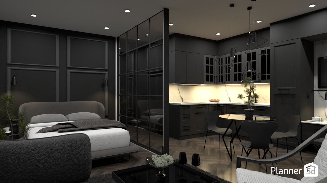 departamento moderno de color negro con dormitorio, render 3d, planner 5d