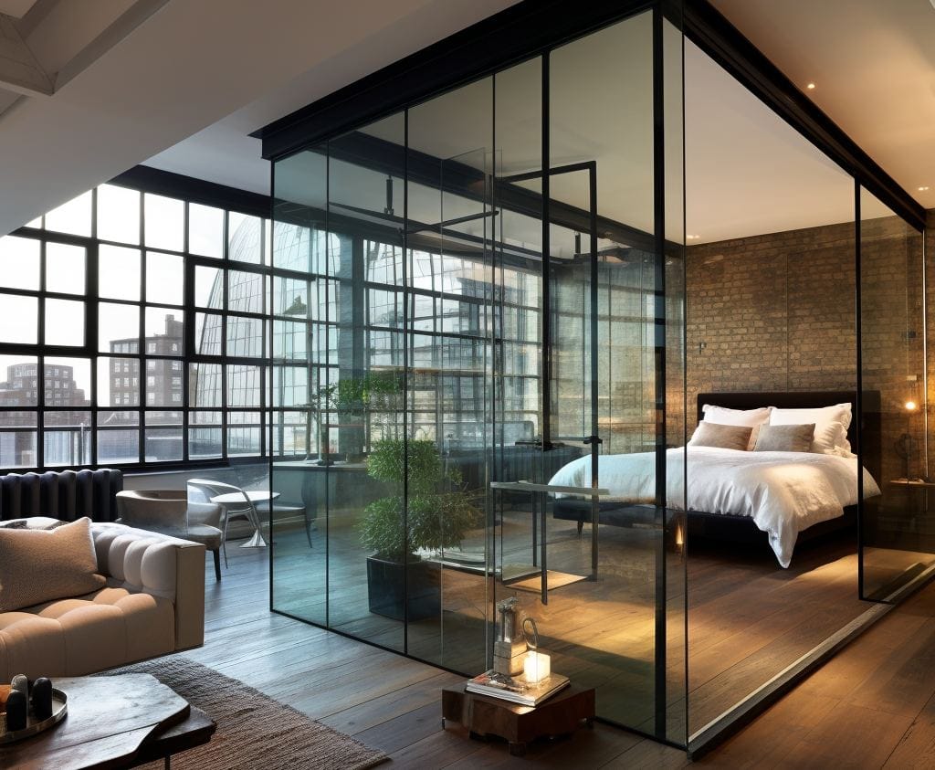 room with a glass partition that sepearted the bedroom