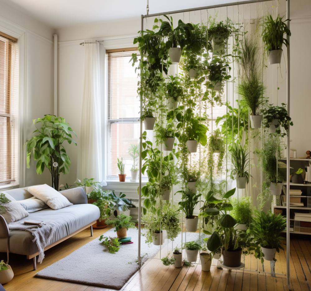 haning divider with plants in a livng room