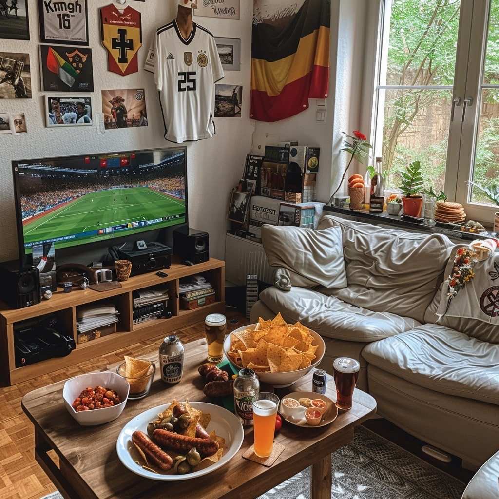 ein für die EM 2024 in deutschen Farben dekoriertes Wohnzimmer, mit Snacks auf dem Tisch und einem Fernseher, auf dem ein Fußballspiel läuft