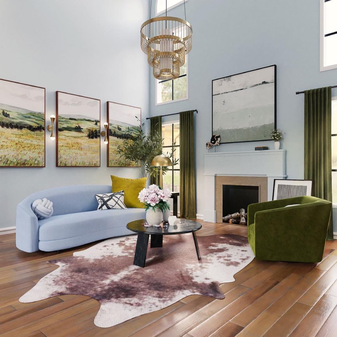 sala de estar maximalista de colores, alfombra animal, sofá azul