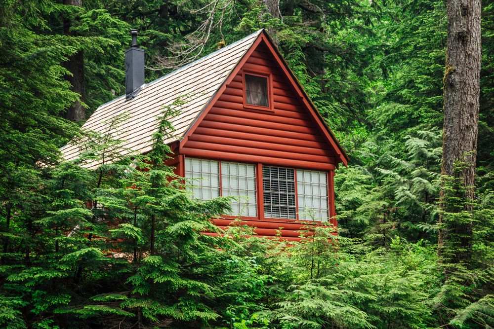 Modelo de casa de madeira simples no meio da natureza