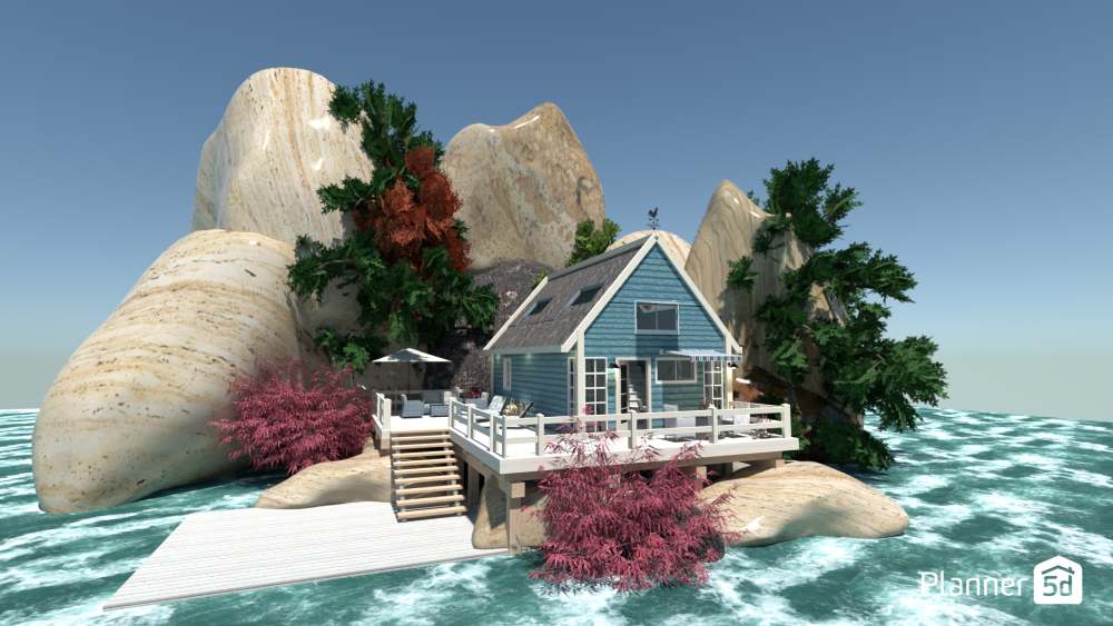 modelo de casa simples e pequena azul sobre a água