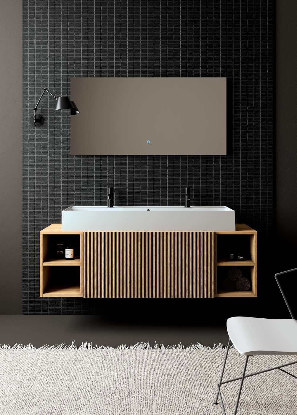 mueble de baño de madera moderno, baño moderno con espejo