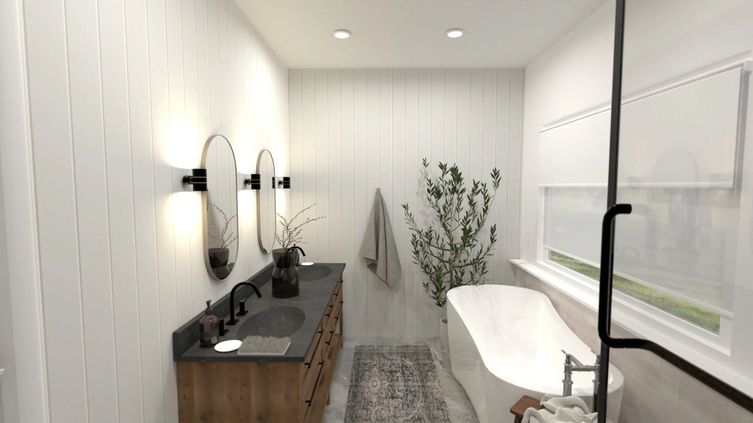 render 3d de cuarto de baño moderno con mueble de mader, planner 5d