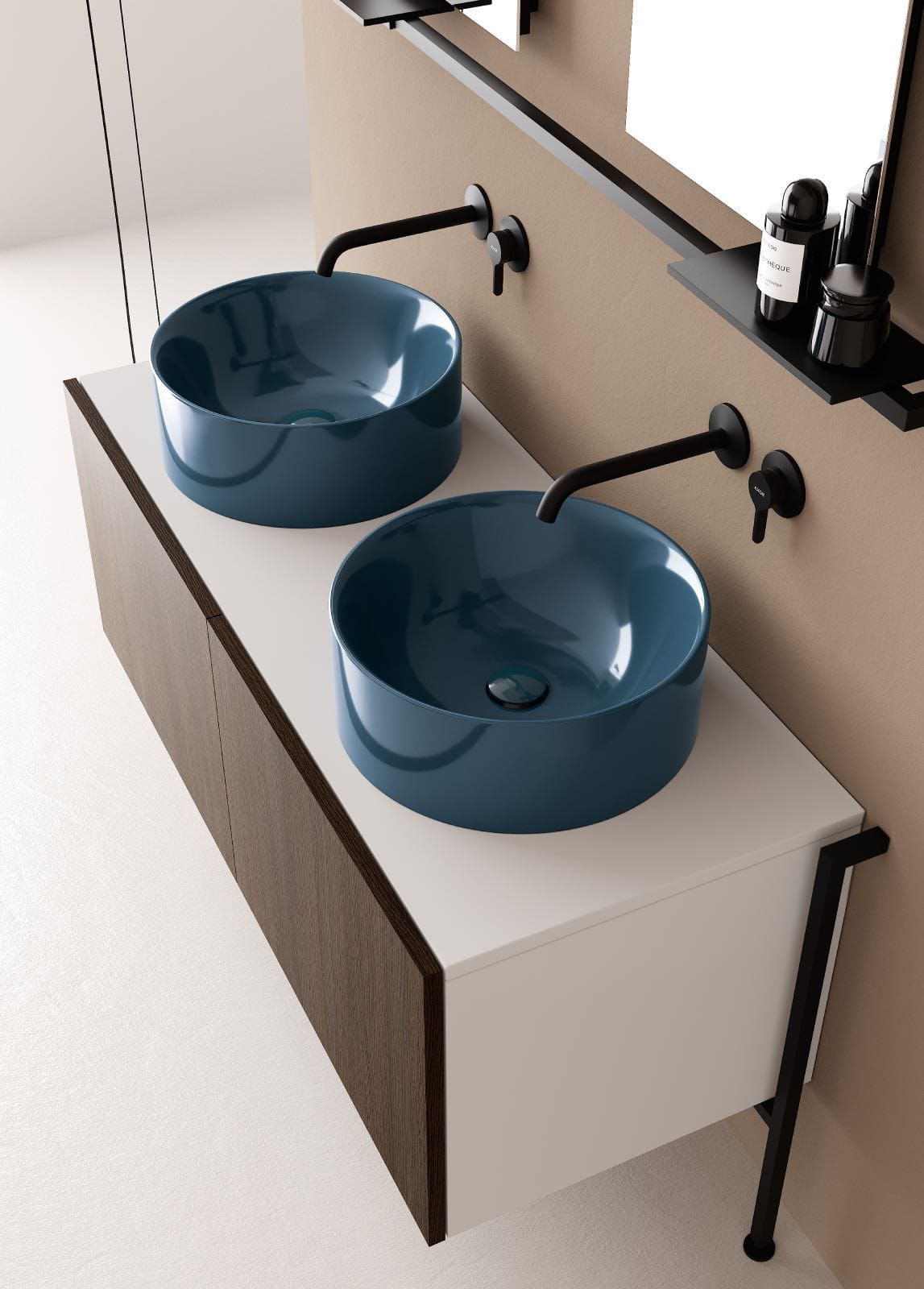 mueble de baño moderno con metal negro, lavabos azules