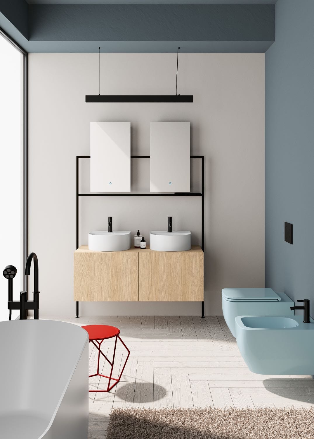 cuarto de baño moderno con retrete azul y mueble de baño de madera
