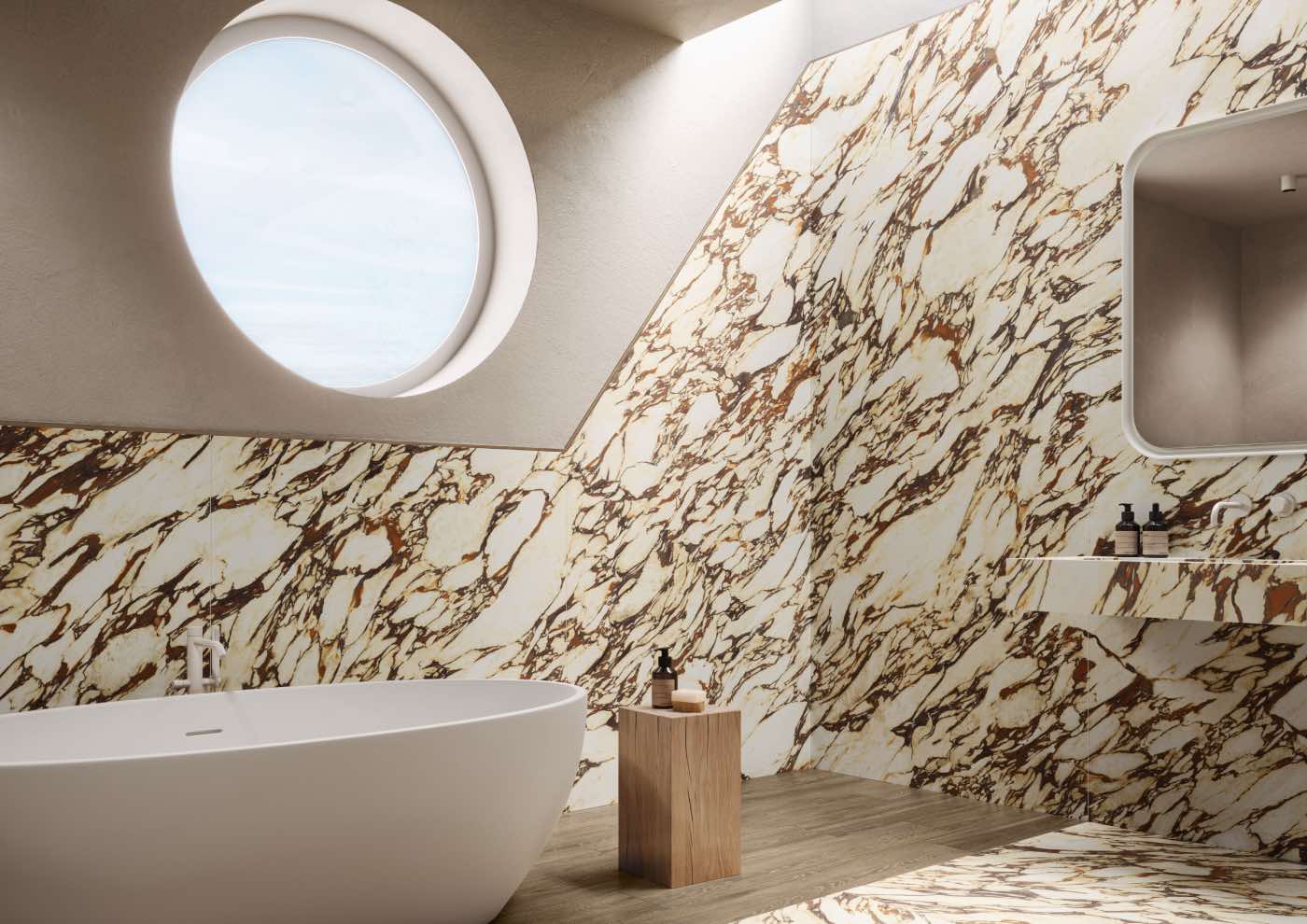 cuarto de baño moderno de mármol con bañera y mueble de baño de mármol