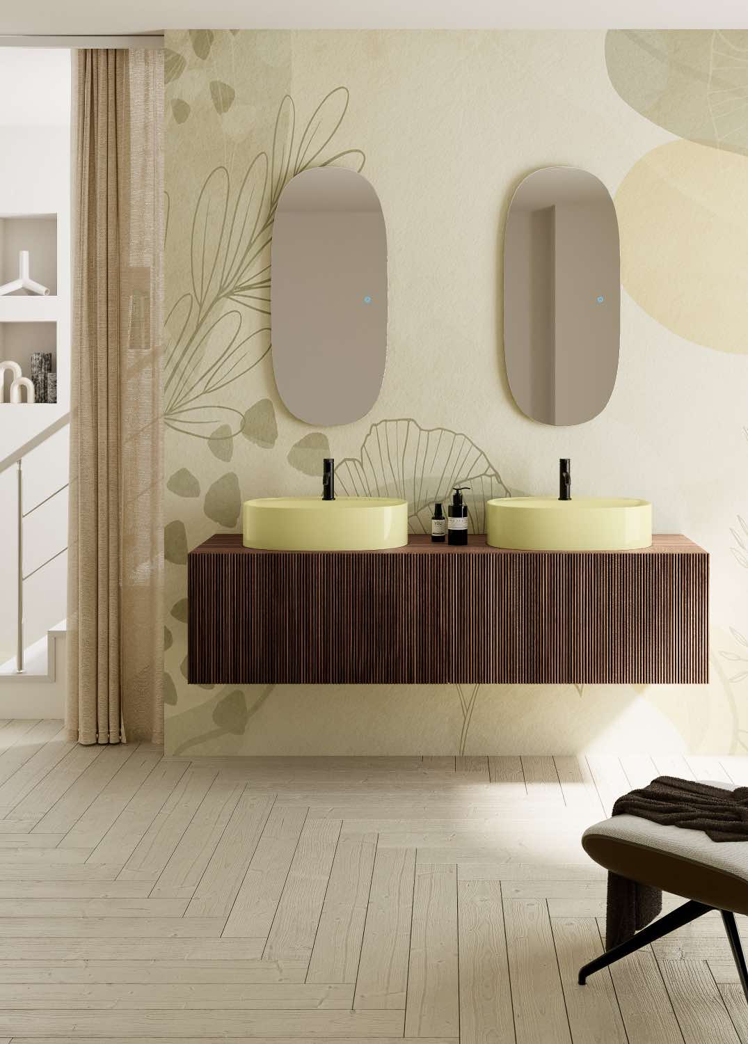 mueble de baño de madera moderno con lavabo verde