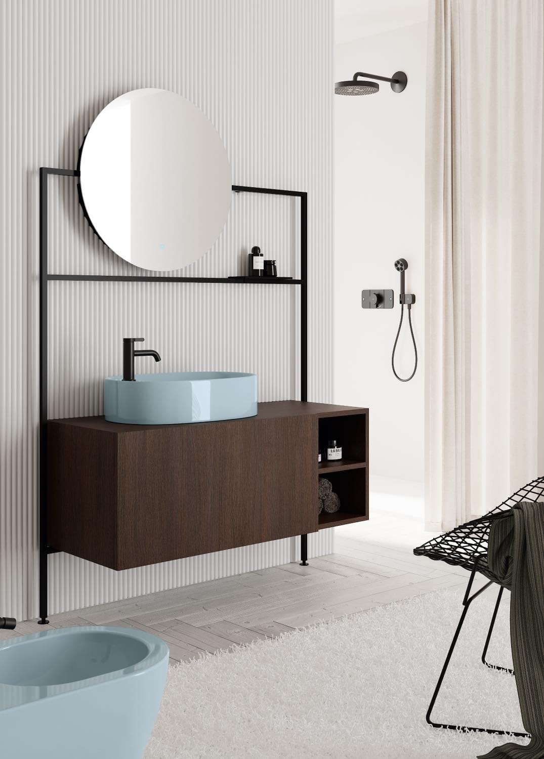 mueble de baño moderno de madera con metal negro y lavabo azul