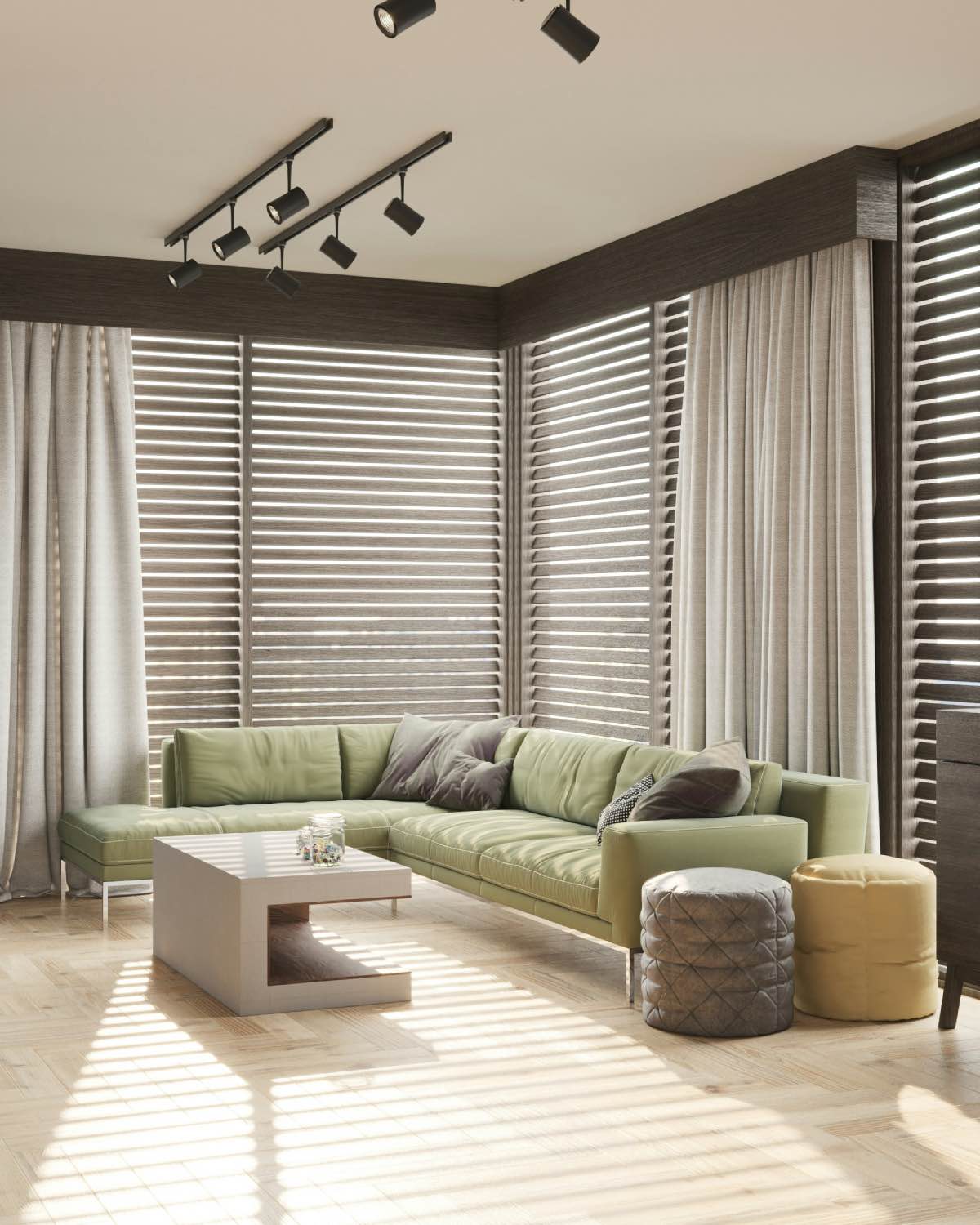 sala de estar con persianas orientables de metal negro y sofá verde
