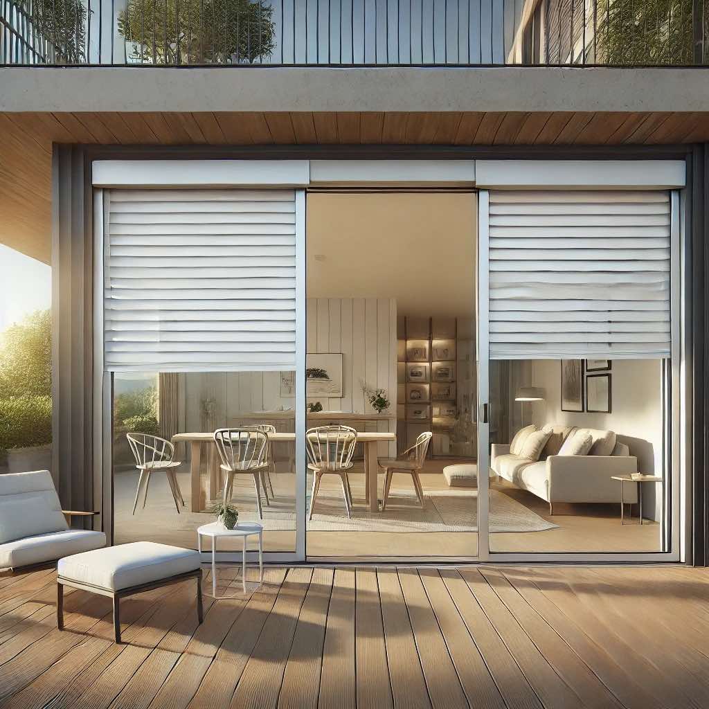 casa con patio, ventanales con persianas enrollables de aluminio