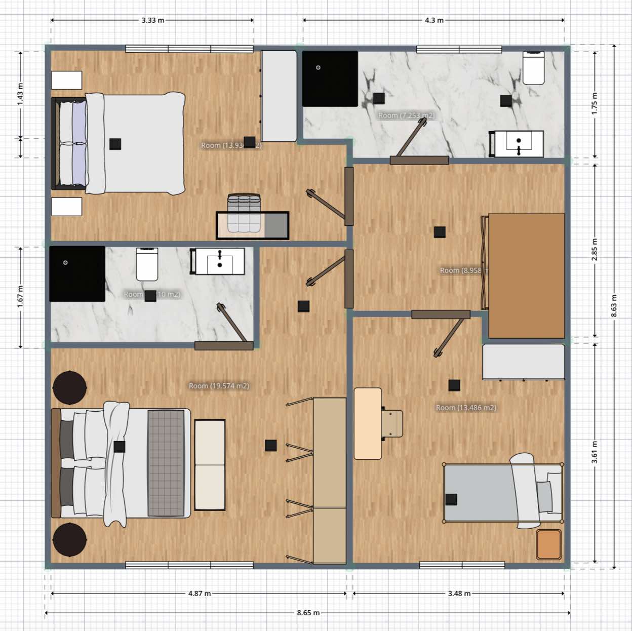 plano de casa pequeña de dos pisos, tres dormitorios