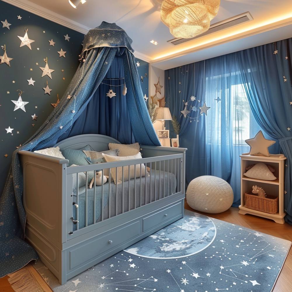 Quarto de bebê decorado com tema de espaço  e tons de azul