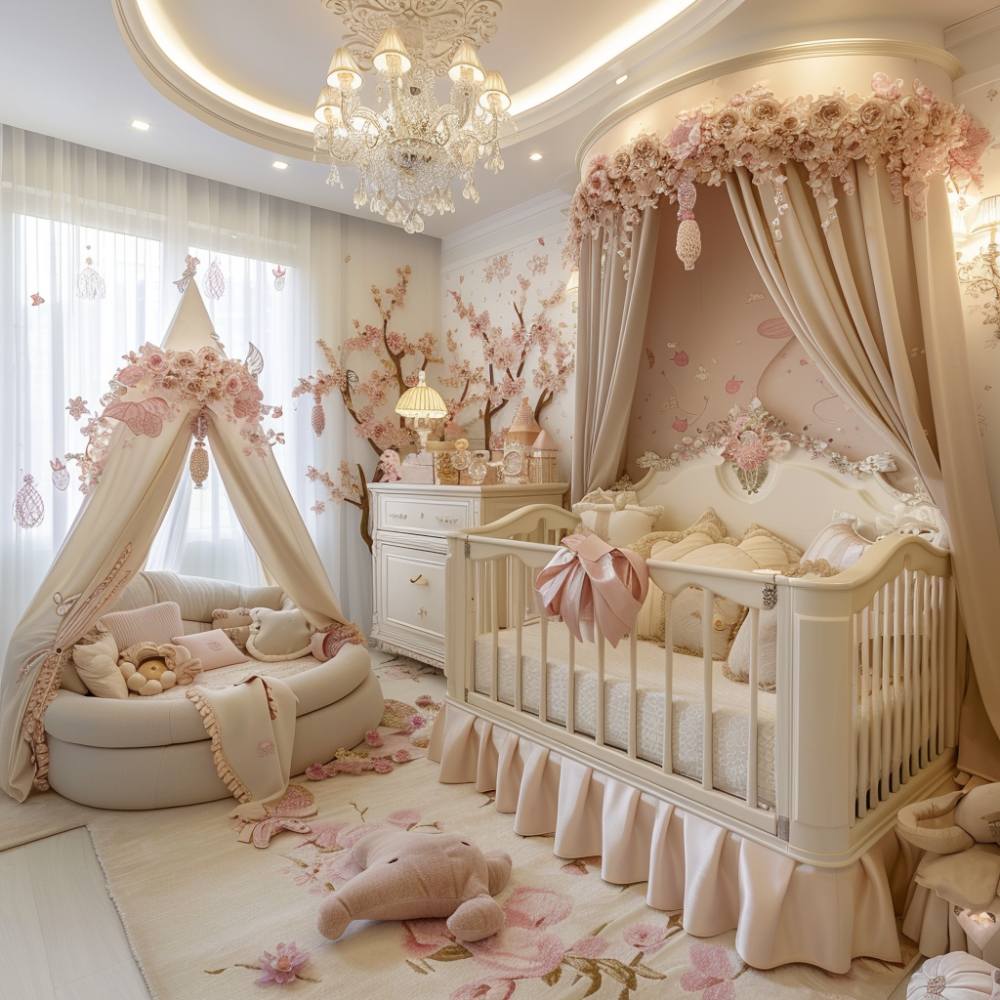 Quarto de bebê decorado com tema de princesa e paleta de cores claras