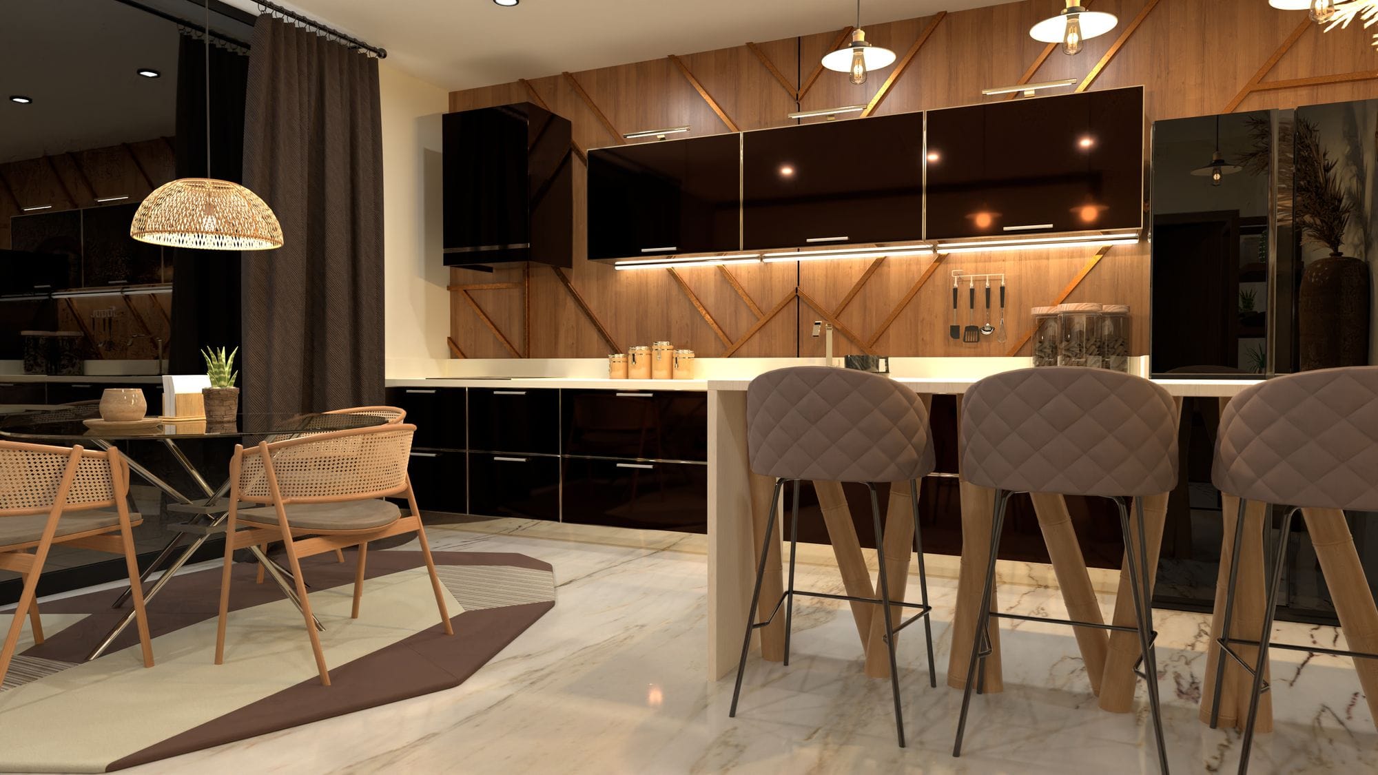 render 3d de cocina con mesa y barra