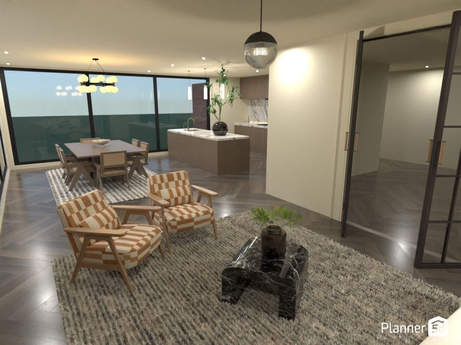 render 3d de salón-comedor-cocina modernos, diseño de interiores, planner 5d