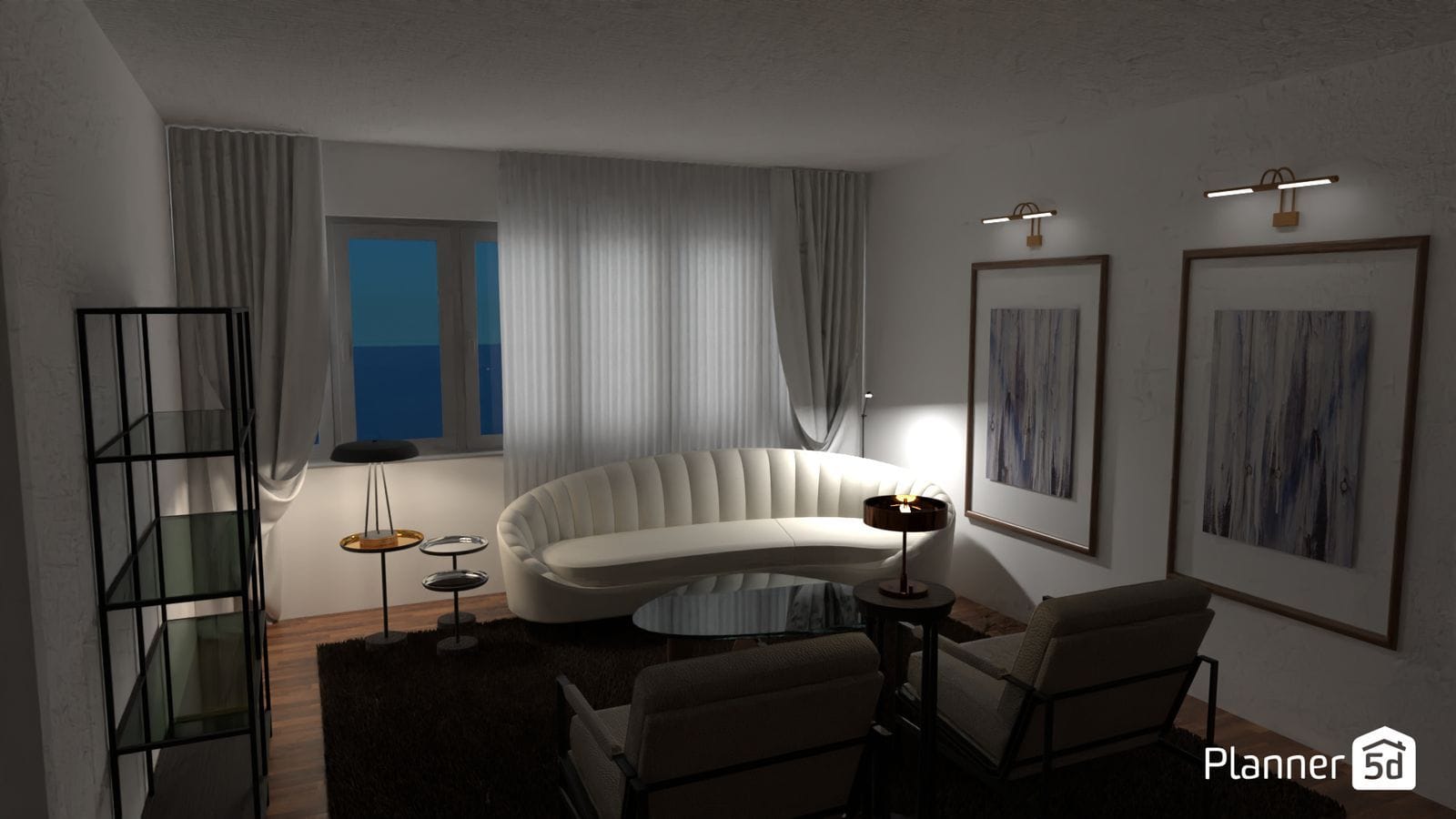 render de sala de estar con sofá blanco y cuadros en las paredes