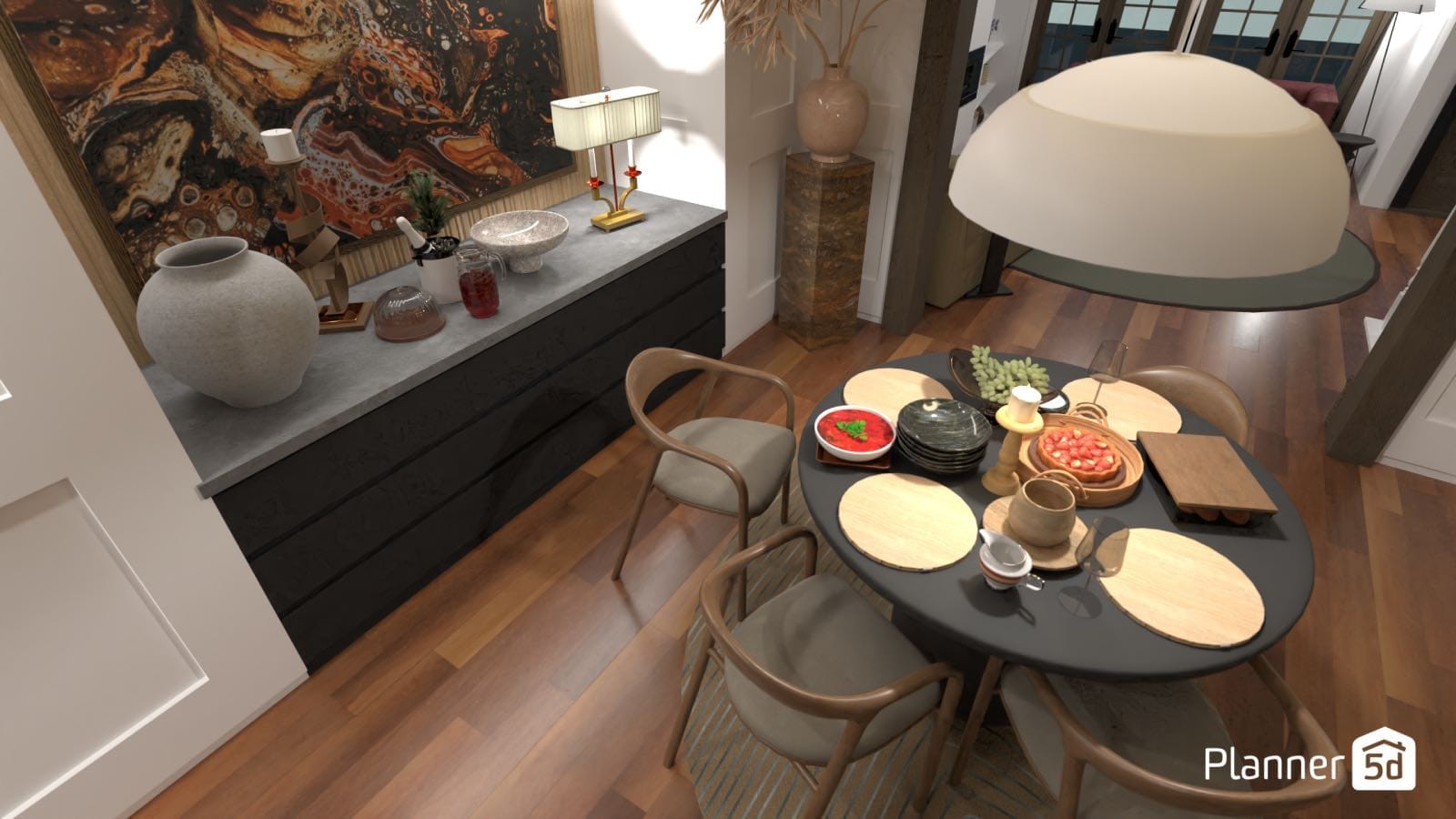 render 3d de comedor con sillas de madera, planner 5d